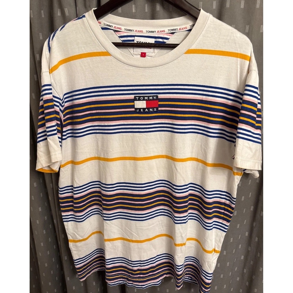 Tommy Jeans Mens Striped Logo T-Shirt White Navy Yellow Pink Crewneck Large